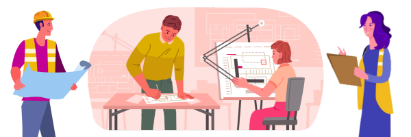 Engineering & Architecture Industry | Explore Careers Australia four colourful cartoon characters working with clipboards and building plans
