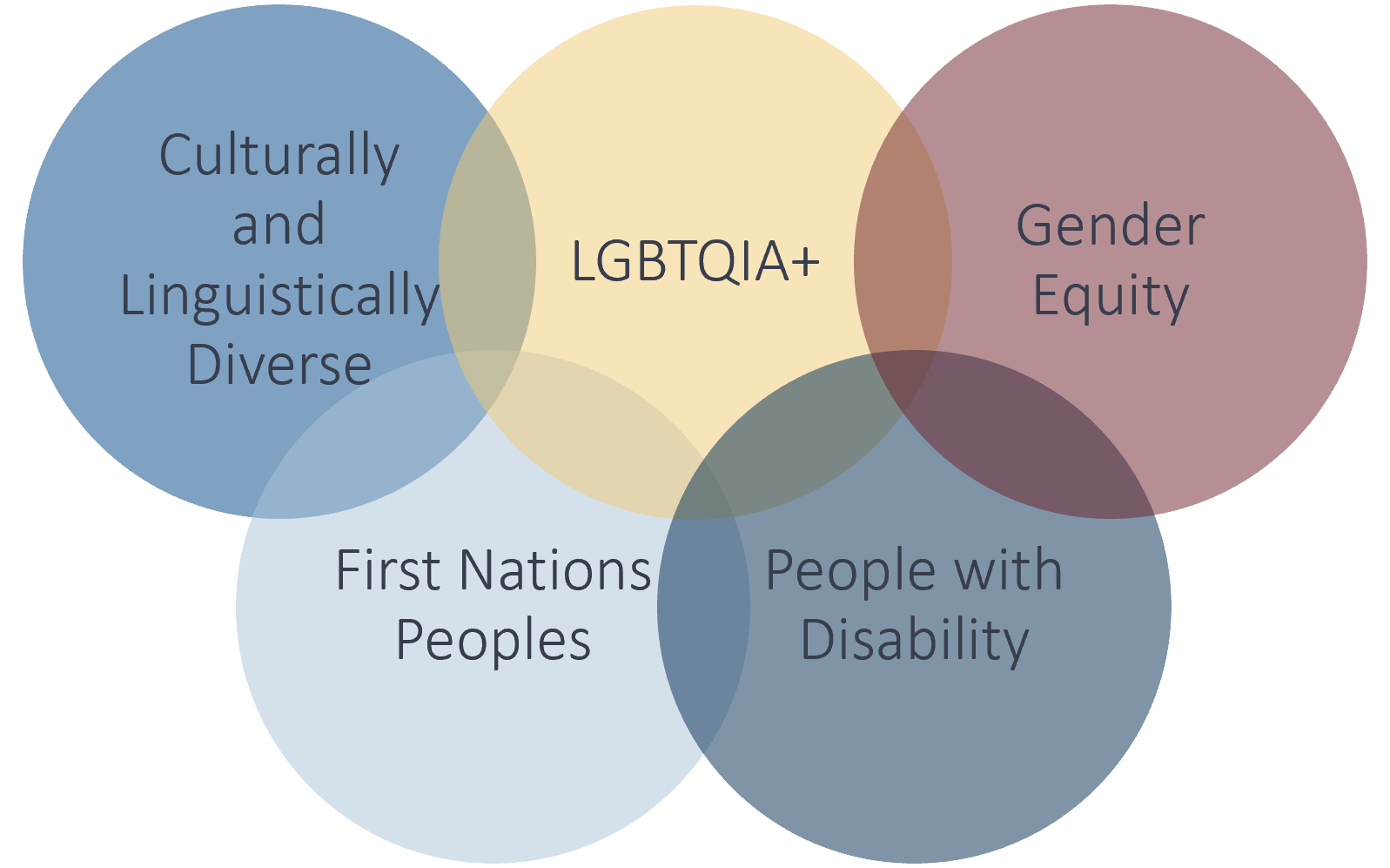 A venn diagram showing Powerlink's diversity focus areas, including Culturally and Linguistically diverse, LGBTQIA+, Gender Equity, First Nations Peoples, and People with Disability