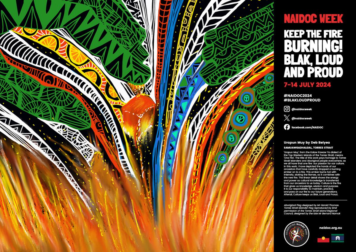 The official 2024 NAIDOC Week poster that consists of vibrant aboriginal art and event details on the right hand side