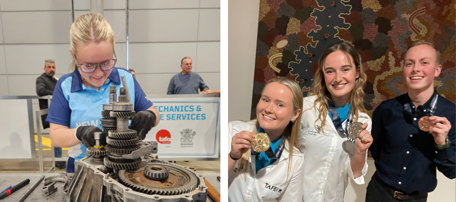 three mycar apprentices holding their WorldSkills medals in a selfie
